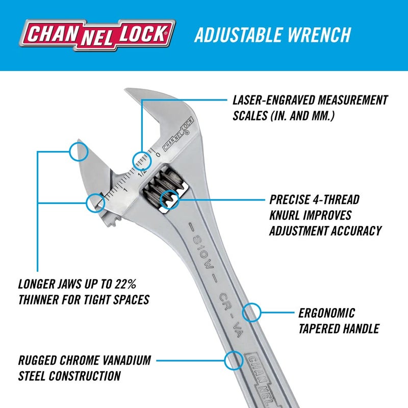 Channellock Adjustable Wrench 810W - Chrome Vanadium Steel, Polished Finish - 10 in - Image 2